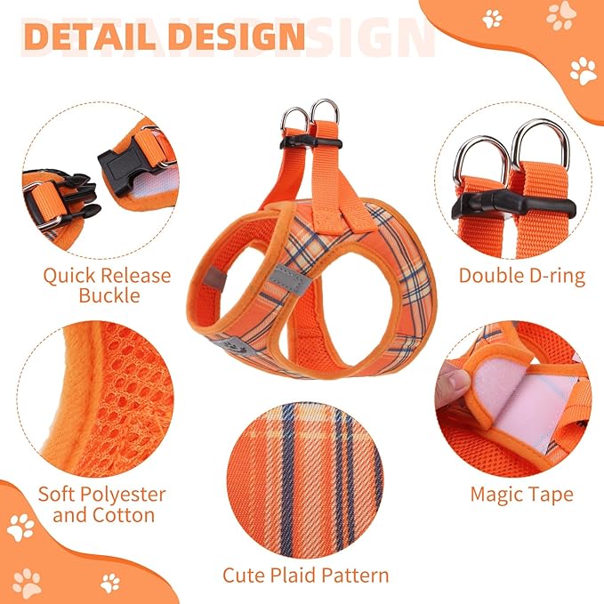 KOOLTAIL Thanksgiving Dog Harness for Small Medium Dogs,Dog Harness and Leash Set, Step in No Pull Soft Mesh Padded Adjustable and Reflective Pet Vest Puppy, Extra Harness for XS S Dogs Orange Plaid M