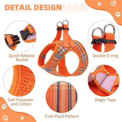 KOOLTAIL Thanksgiving Dog Harness for Small Medium Dogs,Dog Harness and Leash Set, Step in No Pull Soft Mesh Padded Adjustable and Reflective Pet Vest Puppy, Extra Harness for XS S Dogs Orange Plaid M