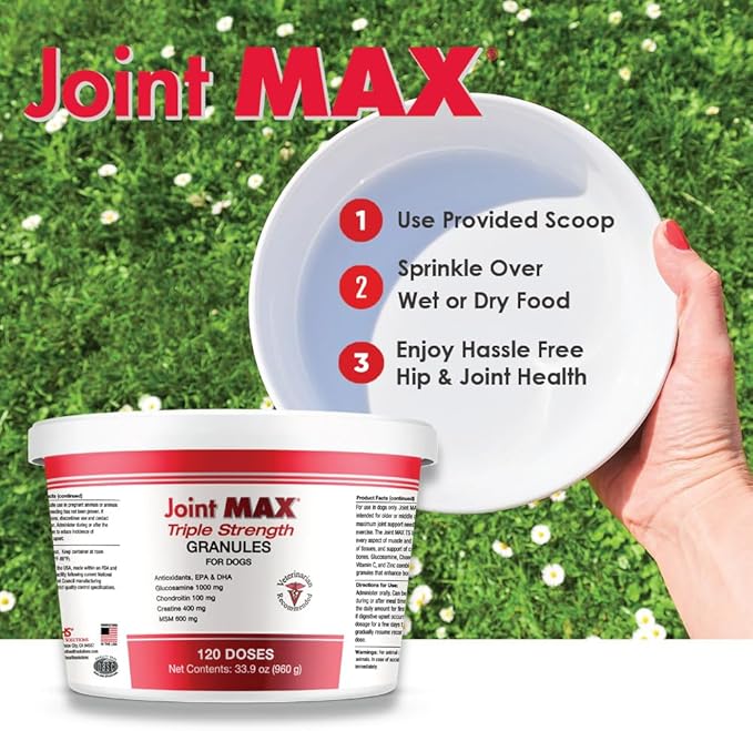 Joint Max TS Joint Supplement Vet Formulated Pain & Inflammation Relief Treats Hip Dysplasia & Arthritis, Glucosamine, Chondroitin, Turmeric, MSM, HA, Creatine, Omega 3 EPA + DHA. Granules 120 Doses