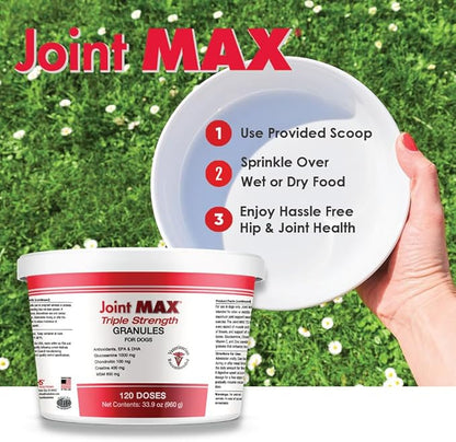 Joint Max TS Joint Supplement Vet Formulated Pain & Inflammation Relief Treats Hip Dysplasia & Arthritis, Glucosamine, Chondroitin, Turmeric, MSM, HA, Creatine, Omega 3 EPA + DHA. Granules 120 Doses