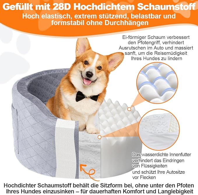 Dog Booster Car Seats for Small Medium Dogs, Fits Dogs Under 19", 28D High-Density Memory Foam with Waterproof Cover, Pet Travel Bed with Storage Pockets, Blanket, Dog Safety Belt