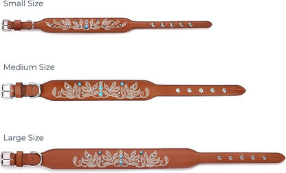 Blueberry Pet Western Dog Collar in Canyon Brown - 12-15 Inch Necks Floral-Embroidered Leather with Turquoise Studs, Dog Collars for Small Dogs, Adjustable Leather Girl Dog Collar