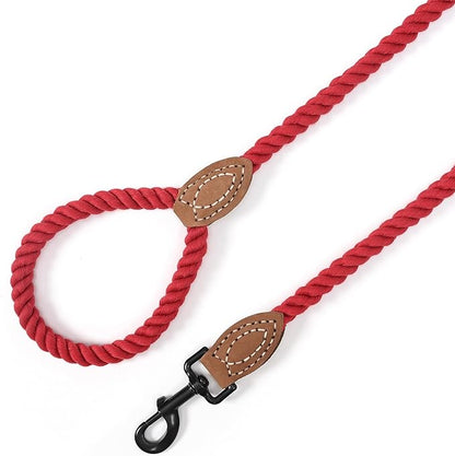Mile High Life Dog Leash, Braided Cotton Rope Leashes with Leather Tailor Tip with Leather Tip - Heavy Duty Metal Clasp, 5FT, 1/2" Thick - Wedding, Walking Leash for Medium Large Dogs(Red)
