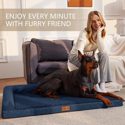 Patas Lague Orthopedic XL Dog Bed Large Sized Dog 48''X30'', Waterproof L Bolster Big Large Pet Sofa Beds with Removable Washable Cover, Soft Comfortable Pet Couch Crate Mat with Nonskid Bottom, Navy