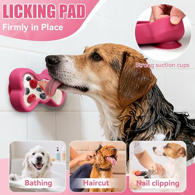 Lick Mat for Dogs, Animire Anti-Spilled Bow Tie Lick Bowls for Anxiety Relief, Silicone Slow Feeder Licking Pad with Suction Cups, Freezeable Dog Enrichment Toy for Boredom and Distraction(Rose,S)