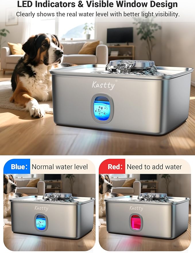 Kastty 4 Gal Dog Water Fountain for Large Dogs,15L Stainless Steel Dog Water Bowl Dispenser Triple Filtration,Ultra Quiet Automatic Pet Water Fountain with Water Level Window and LED Light(FS76)