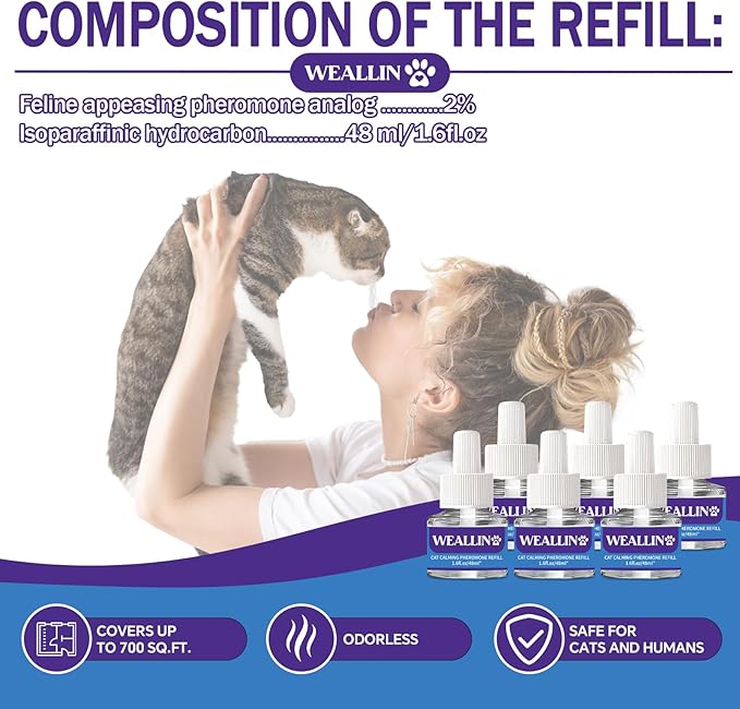 WEALLIN 6 Pack Cat Calming Diffuser Refills - Cat Pheromones Calming Diffuser Refill Relieve Anxiety & Stress 6 Month Supply, Cat Pheromone Diffuser Refills (Fits All Common Diffuser Heads)