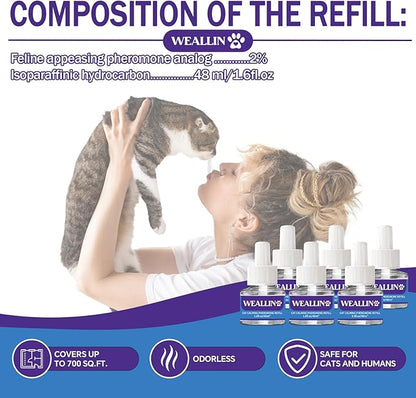 WEALLIN 6 Pack Cat Calming Diffuser Refills - Cat Pheromones Calming Diffuser Refill Relieve Anxiety & Stress 6 Month Supply, Cat Pheromone Diffuser Refills (Fits All Common Diffuser Heads)