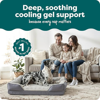 FurHaven Cooling Gel Dog Bed for Large Dogs, Perfect Comfort Sofa Bed with Cool Gel-Top Foam with a Solid Orthopedic Foam Base, Removable Washable Cover, Jumbo Plus XXL, Plush & Velvet, Granite Gray.