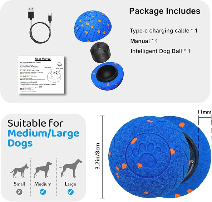 Interactive Dog Toys: Smart Dog Ball – Auto-Bounce, Vibrating & Jumping Action! Durable Duraspin Design for Aggressive Chewers. Rechargeable & Long-Lasting, Keeps Dogs Busy and Entertained Blue.