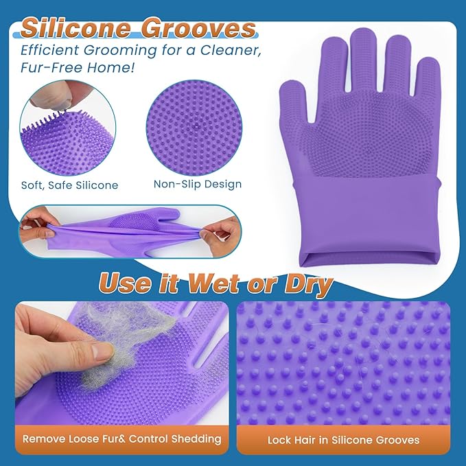 7-Piece Pet Grooming Kit with Storage Bag | Portable Bathing Set for Dogs & Cats | Includes Silicone Gloves, Deshedding Brushes & Finger Toothbrushes | All-in-One Pet Care (Lavender Purple)-MIYIJHY