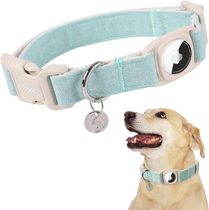 DOGWONG Dog Collar, Heavy-Duty Cotton Hemp, Airtag Holder, Green, for Small Medium Large Dogs
