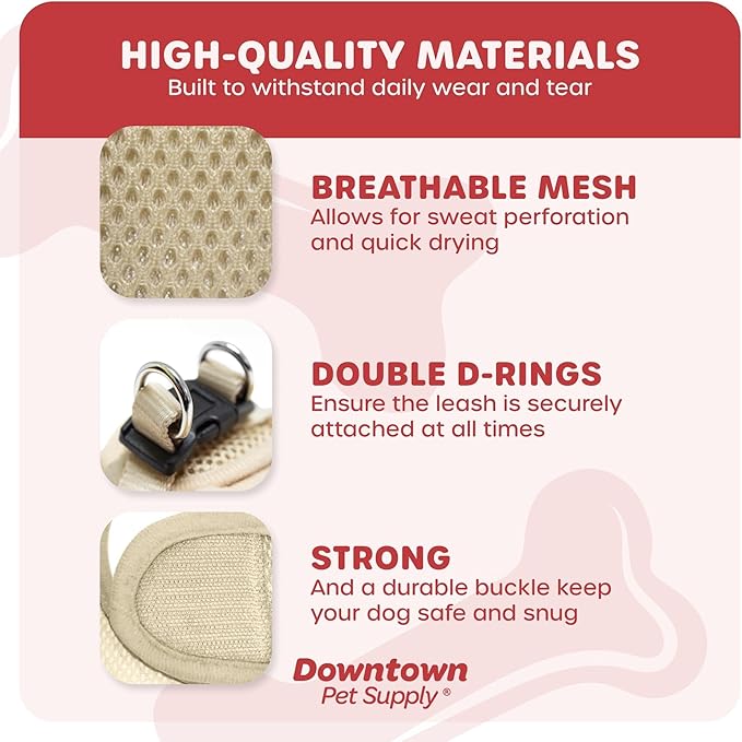 Downtown Pet Supply Step in Dog Harness for Teacup Dogs & Cats No Pull, XX-Small, Khaki - Adjustable Harness with Padded Mesh Fabric and Reflective Trim - Buckle Strap Harness for Dogs