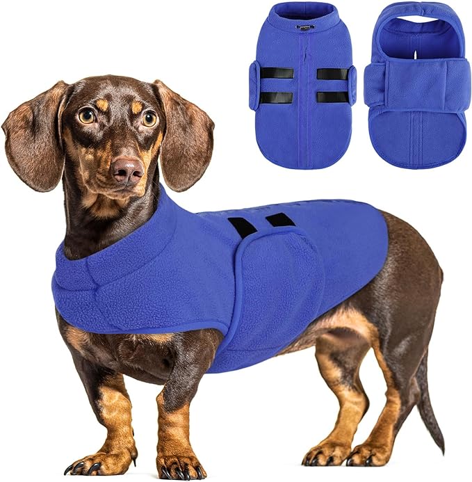 Queenmore Soft Fleece Dog Jacket, Warm Winter Coat with Leash Hole, Dachshund Sweaters for Small Dogs Cats (Blue, XL)