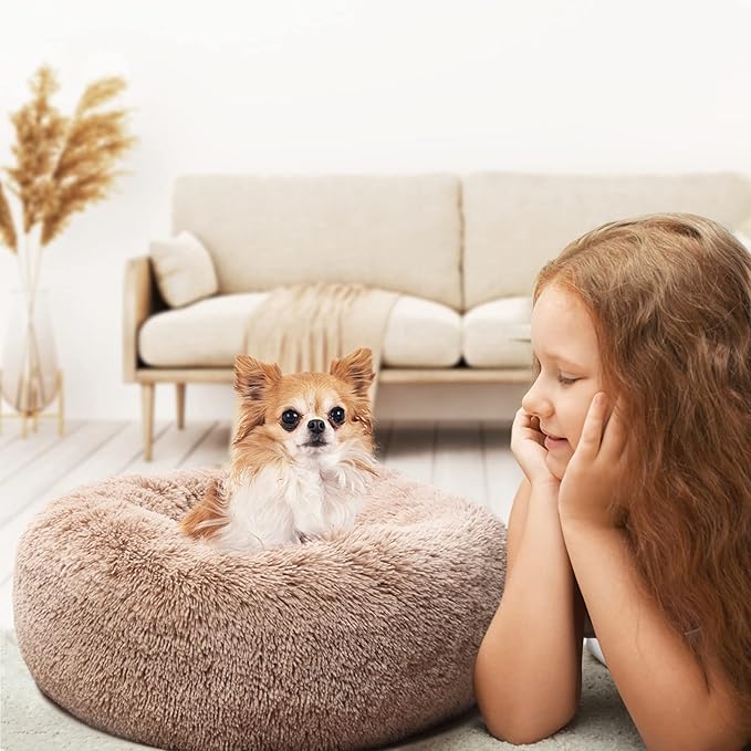 Calming Donut Dogs Beds for Small Dogs Washable,19inch Fluffy Round Puppy Bed for Puppies,Cats & Toy Breeds with Raised Rim,Fits up to 15 lbs Pets,Camel