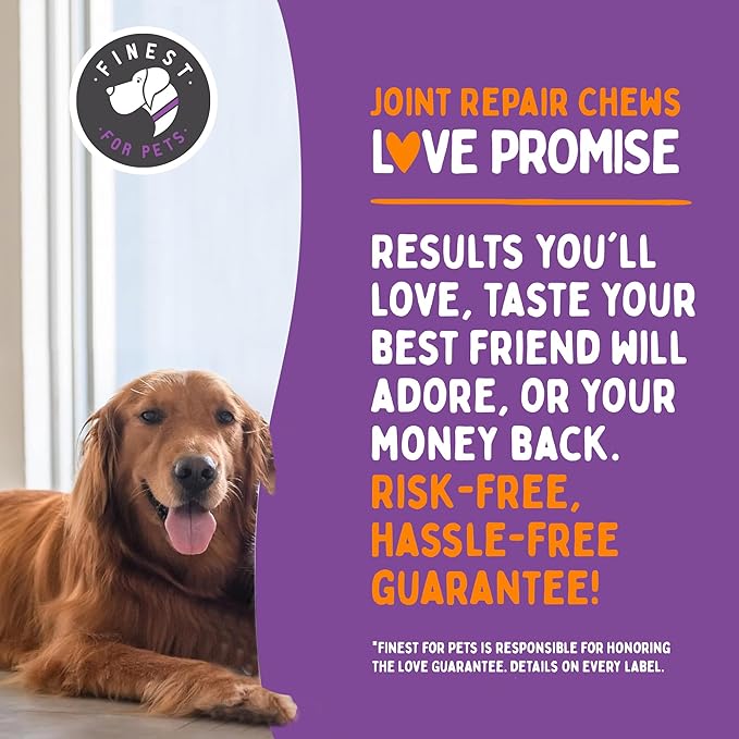 Joint Repair Hip and Joint Chews for Dogs - Finest For Pets Glucosamine, Chondroitin, MSM, Hemp, Omega 3 & Turmeric for Dog Joint Support, Mobility & Pain Relief - (120 Chicken Chews, Made in USA)