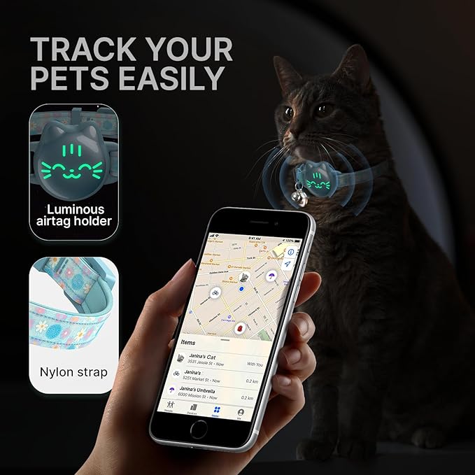 Waterproof Airtag Cat Collar, Breakaway Cat Airtag Collar with Luminous & Reflective Fish Pattern, Lightweight Kitten Collars for Apple Air tag, Hidden GPS Tracker Holder for Cats, Kittens(9-13")