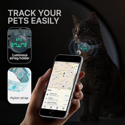 Waterproof Airtag Cat Collar, Breakaway Cat Airtag Collar with Luminous & Reflective Fish Pattern, Lightweight Kitten Collars for Apple Air tag, Hidden GPS Tracker Holder for Cats, Kittens(9-13")