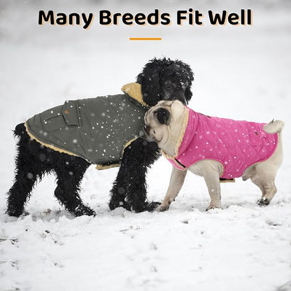 Queenmore Dog Winter Coat - Fleece Jacket, Waterproof Cold Weather Clothes, Thick Warm Cotton Padding, Easy On Storage Pockets (Pink, Medium)