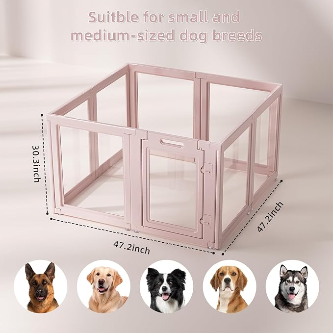 LoveTail DIY Clear Acrylic Dog Playpen House,Quick Easy Assembly and Disassembly,Strong Floor Suction,Indoor and Outdoor Use,Easy Cleansing Puppy Fence (Skin Pink, 30.3" H, 8PCS)