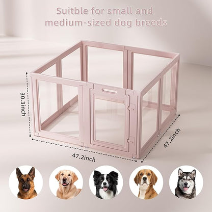LoveTail DIY Clear Acrylic Dog Playpen House,Quick Easy Assembly and Disassembly,Strong Floor Suction,Indoor and Outdoor Use,Easy Cleansing Puppy Fence (Skin Pink, 30.3" H, 8PCS)