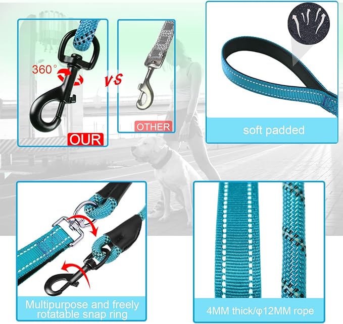 Dog Leash, 6 Foot Dog Leash, 2 Extra Padded Handles, Lockable Metal Carabiner Clip, Reflective No Pull Heavy Duty Rope Lead, Walking, Training, Running, Medium to Large Breeds（Blue）