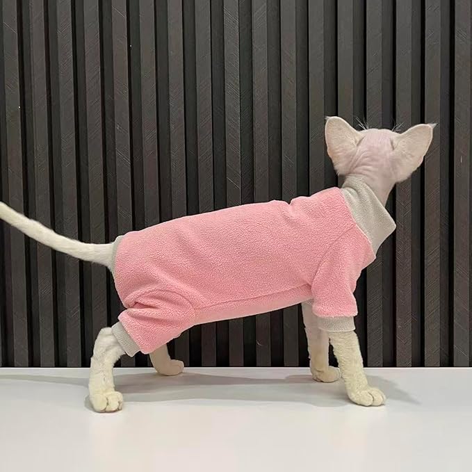 Sphynx Cat Clothes Winter Soft Warm Polar Fleece Turtleneck Pullover Four Leg Jumpsuit Fashion Splicing Base Shirt Cat Apparel, (Small(3-3.9lb))