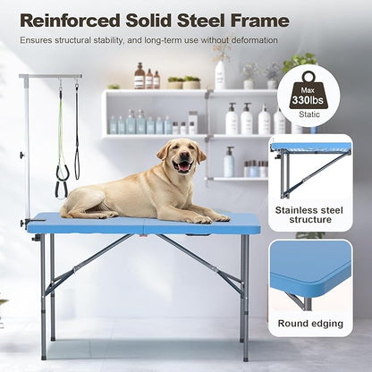 ynhurenth 49'' Pet Grooming Table for Large Dogs, Foldable Professional Grooming Table for Dogs at Home with Double Loops/Adjustable Arm, Capacity up to 330lbs, Blue