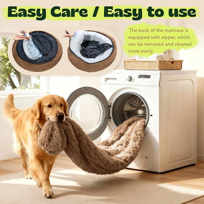 Extra Large Orthopedic Dog Bed Waterproof Removable Cover for Calming Donut Dog Bed Washable,Cooling Gel Foam Round Anxiety Plush Sherpa Covers Comfort for Old Fluffy Friends 48 Inch,Camel