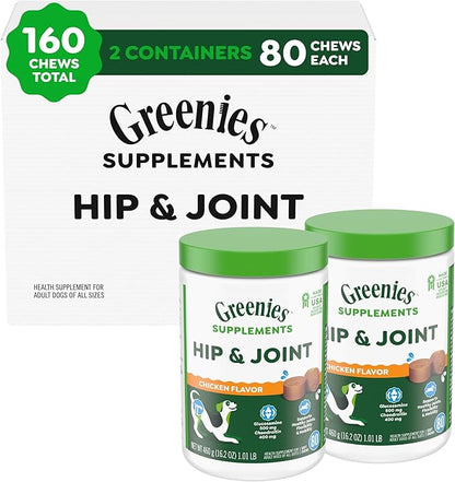 Greenies Supplements Hip and Joint Supplement for Dogs, Chicken Flavor, 80-Count Tub, Pack of 2