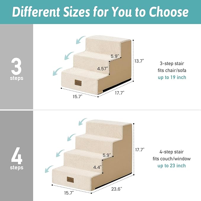COZY KISS Dog Stairs for Small Dogs, 3 Tier Pet Stairs for Couch, 13.5" H Non-Slip Dog Steps for Old Cats, Puppy, Small Dogs, 15.7x17.7x13.5 inch, Beige