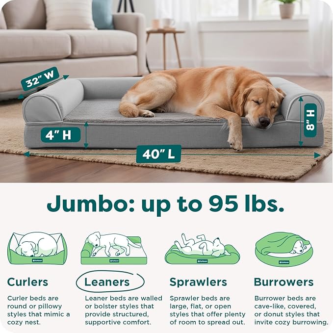 FurHaven Cooling Gel Dog Bed for Large Dogs, L-Shaped Chaise with Cool Gel-Top Foam with a Solid Orthopedic Foam Base for Joint Support, Removable Washable Cover, Jumbo XL, Plush & Suede, Stone Gray
