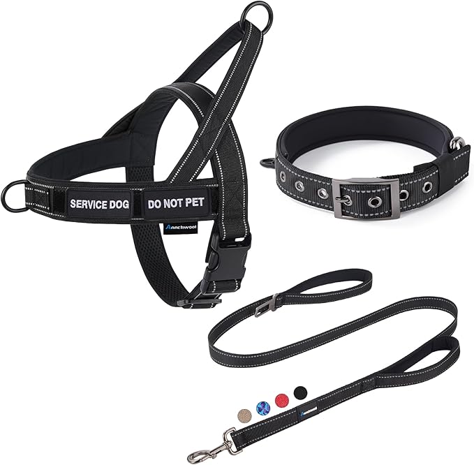 Annchwool No Pull Dog Harness,Heavy Duty Reflective Collar & Leash Set-Leash with Double Handle & Car Seatbelt Clip-Easy Control for Walking Training Medium Large Size Dogs(Black,M)