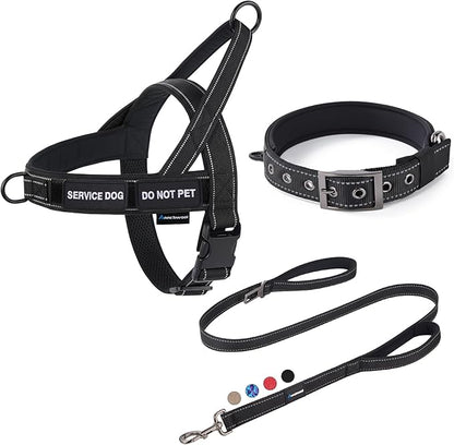 Annchwool No Pull Dog Harness,Heavy Duty Reflective Collar & Leash Set-Leash with Double Handle & Car Seatbelt Clip-Easy Control for Walking Training Medium Large Size Dogs(Black,M)