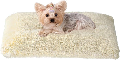 EHEYCIGA Fluffy Dog Crate Bed for Small Dogs, Plush Faux Fur Crate Pad, Calming Anti Anxiety Small Dog Bed, Washable Soft Warm Mat with Non-Slip Bottom, Ivory Beige