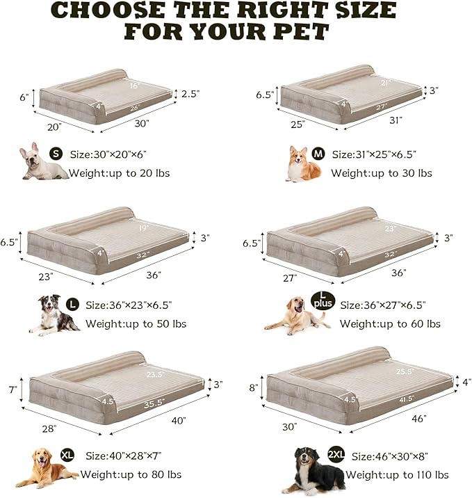 WINDRACING Orthopedic Dog Beds for Large Dogs, Waterproof Egg Foam Dog Sofa Bed with L Bolster Sides, Washable Large Pet Bed with Removable Cover & Non-Slip Bottom, 36 x 27 inch, Beige