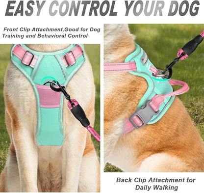 BARKBAY No Pull Dog Harness Front Clip Heavy Duty Reflective Easy Control Handle for Large Dog Walking(Cool Mint & Baby Pink,M)