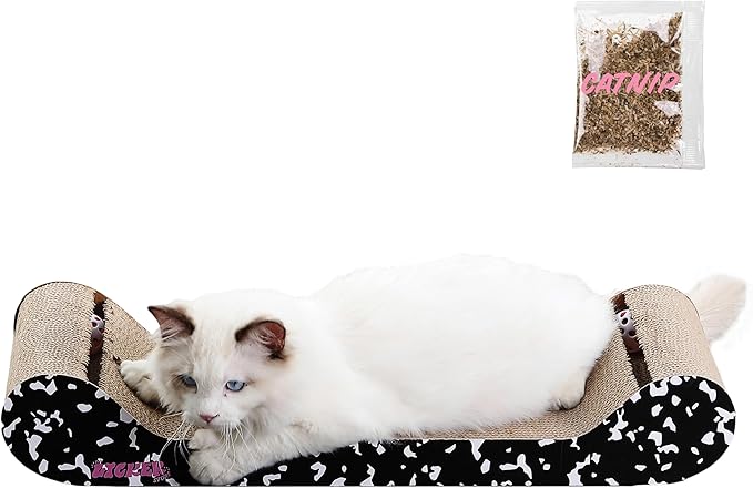 The LICKER Store CSR1003B Rini 23.75" Modern Cardboard Lounge Bed Cat Scratcher with Built-in Bell Toys and Catnip, Black/White
