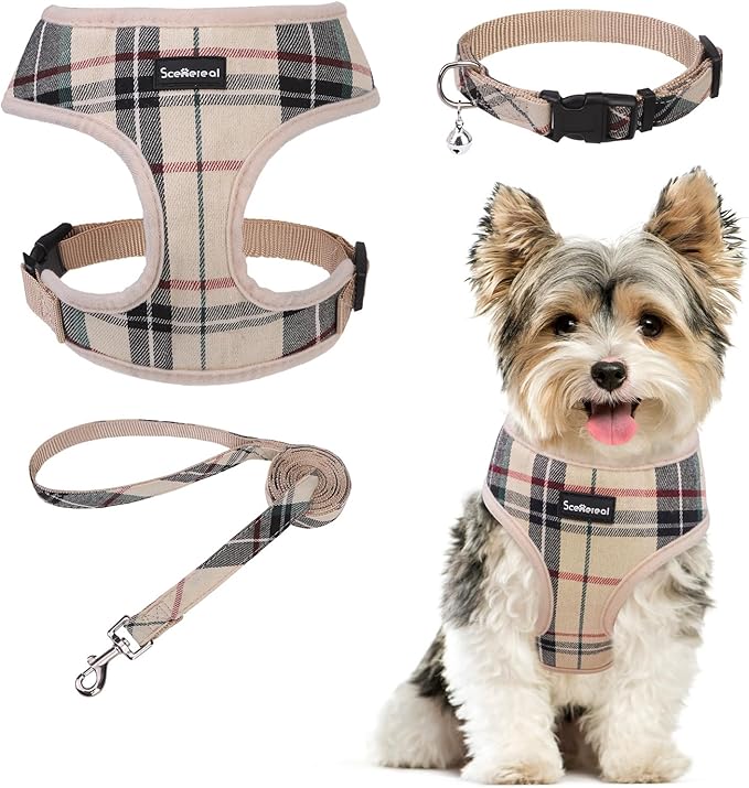 SCENEREAL No Pull Small Dog Harness Collar and Leash Set, Soft Mesh Step in Plaid Puppy Harnesses for Fall Winter, No Chock Adjustable Pet Vest for Outdoor Walking Training and Running, Beige S
