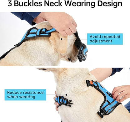 IVY&LANE No Pull Dog Harness for Medium Dogs, Dog Vest Harness with Leash, Safety Belt and Storage Strap, Fully Adjustable, 360° Reflective Strip, Soft Handle (Blue, M)