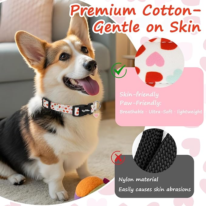 Valentines Dog Collar with Multi-Heart Pattern, Adjustable Small Dog Collar with Safety Buckle & Heart Charm, Spring Summer for Girl Boy Dogs-S
