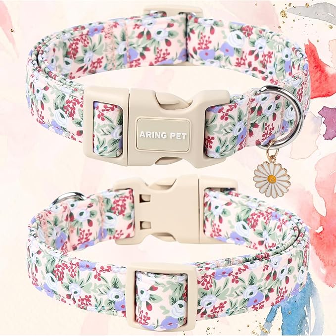 ARING PET Floral Dog Collar, Cute Purple Flower Spring Summer Pet Collars with Quick Release Buckle for Puppy Small Medium Large Boy Girl Dogs-L