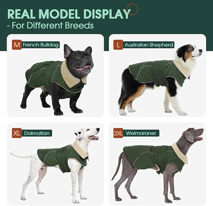 Kuoser Dog Coat, Super-Warm Dog Jacket Windproof Pet Cold Weather Coats for Extra Large Dogs, Fleece Lining Quilted Turtleneck Puppy Snowsuit Reflective Adjustable Doggie Winter Clothes, Green, 3XL