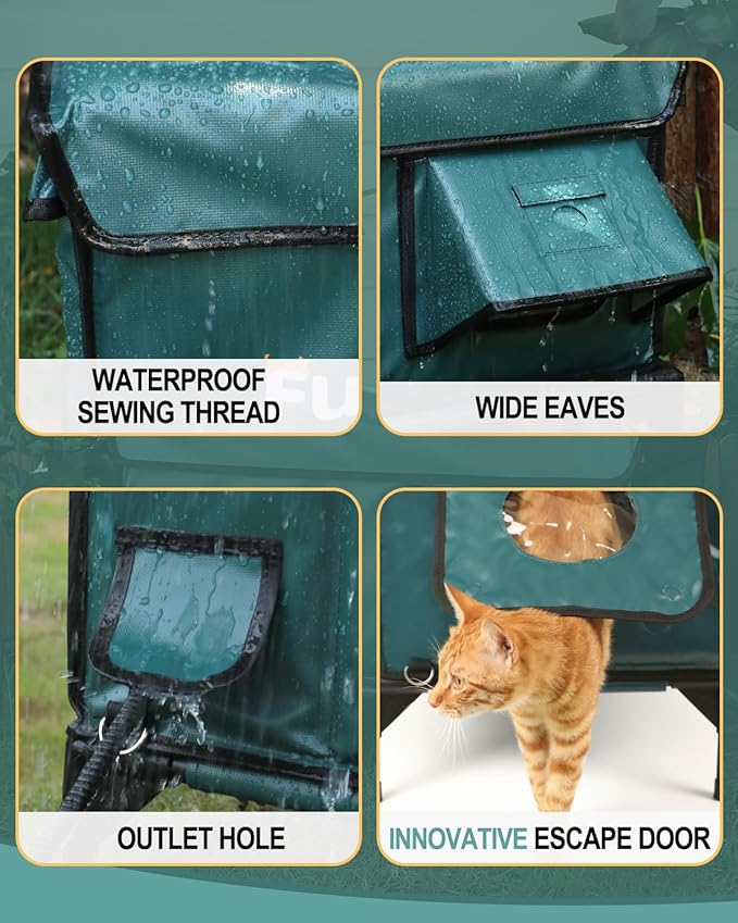Heated Cat House for Outdoor Cats, Waterproof Insulated Outdoor Cat House with Heating Pad, Weatherproof Elevated Heated Cats House for Outside Feral Cats(Deep Green, 16" L x 12" W x 18" H)
