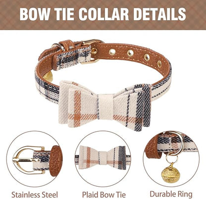 KOOLTAIL Small Dog Collar and Leash Set with Bowtie and Bells - Cute Shirt Style Puppy Bandana Collar and Leash for Male with Classic Plaid Pattern,Soft Leather Leashes for Small Dogs Boys Girls,Beige