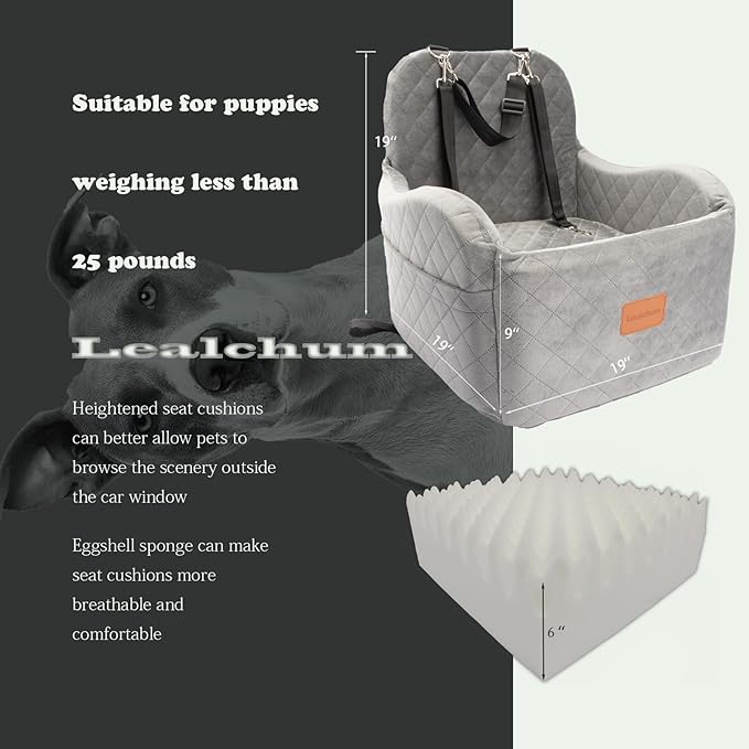 Lealchum Dog Booster Car Seat for Small/Medium Dogs Up to 35lbs,Ultra Soft Fabric Covered,6in Elevated Cushion,Fully Detachable and Washable,3 Straps & 2 Pockets,Easy to Install(Grey,Medium)