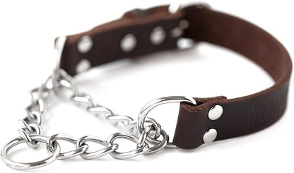 Mighty Paw Martingale Dog Collar - No Pull Design - Stainless Steel Chain - Limited Chain Cinch Training - Brown Leather Martingale Training Collar - Medium Size