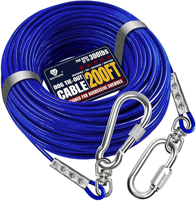 Tie Out Cable for Dogs Up to 300lbs,200ft Extra Strong 1000lbs Break Strength Tie-Out Tether Trolley Training Lead,Dog Run Cable for Yard Garden Park Camping Outside (Blue, 300lbs 200ft)