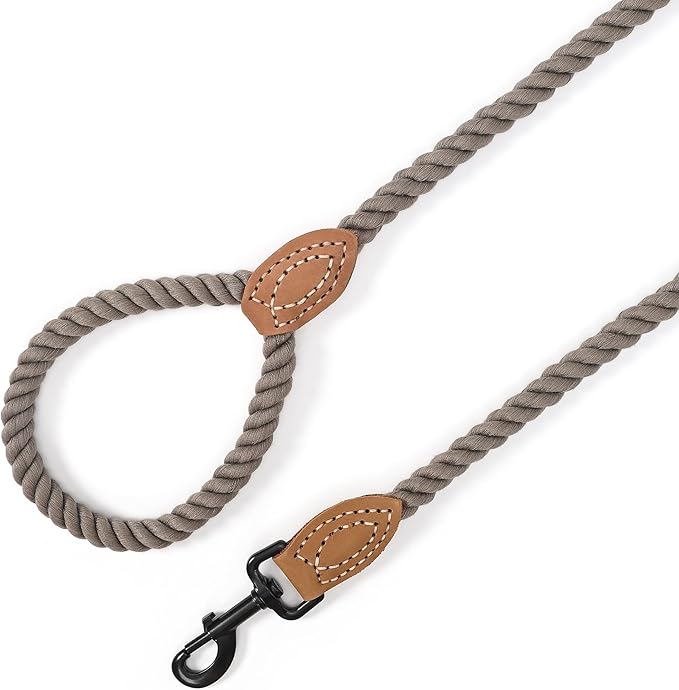 Mile High Life Dog Leash, Braided Cotton Rope Leashes with Leather Tailor Tip with Leather Tip - Heavy Duty Metal Clasp, 5FT, 1/2" Thick - Wedding, Walking Leash for Medium Large Dogs(Camel)