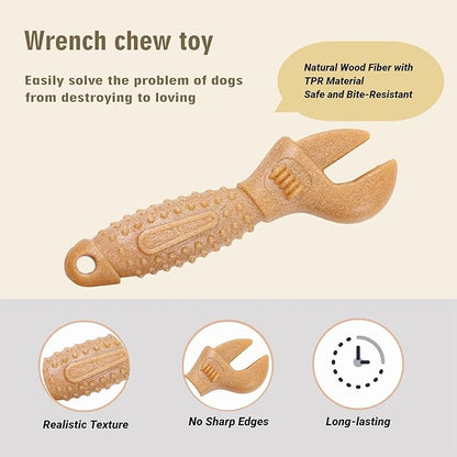 Dog Chew Toys, Aggressive chewer toy for Medium& Large dogs, Made of real pine wood and durable Food-Grade nylon, with Tool Shape Design for Dental Cleaning and Long-Lasting Chewing Fun(brown-wrench)